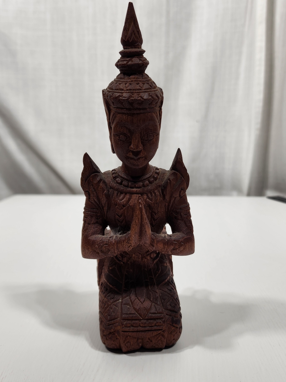 Hand-Carved Brown Wooden Thai Prayer Figurine - Decorative Home Art